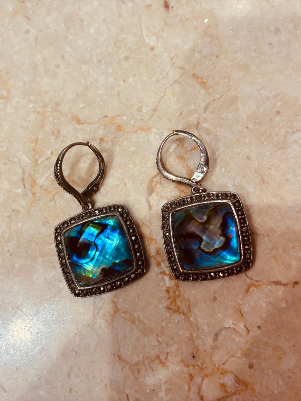 Signed Judith Jack 925 Sterling Silver Abalone Shell & Marcasite Drop Earrings